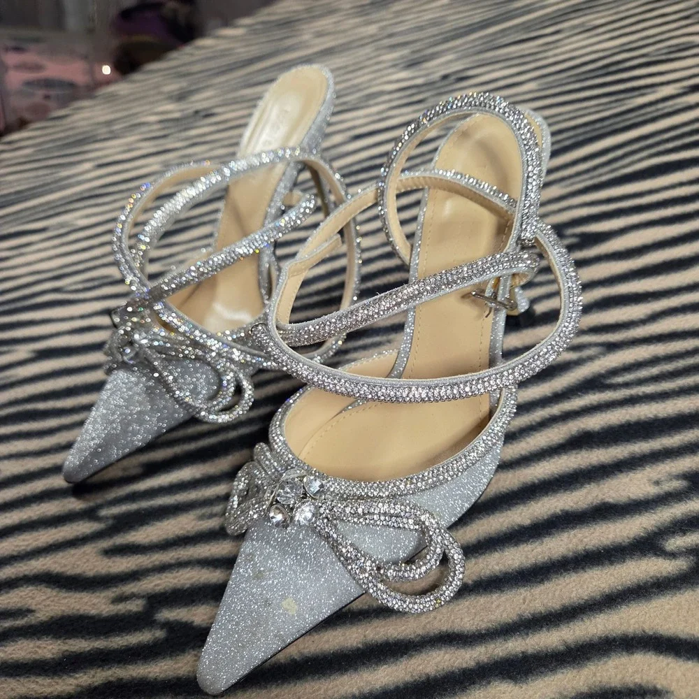 Mach & Mach Silver Glitter Double Bow Crystal Ankle Strap Pumps Heels IT 39